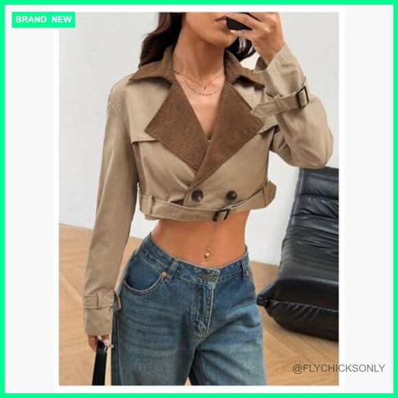 Polyester Double Breasted Cropped Trench Coat Belted Lapel Collar Jacket - Picture 3 of 5